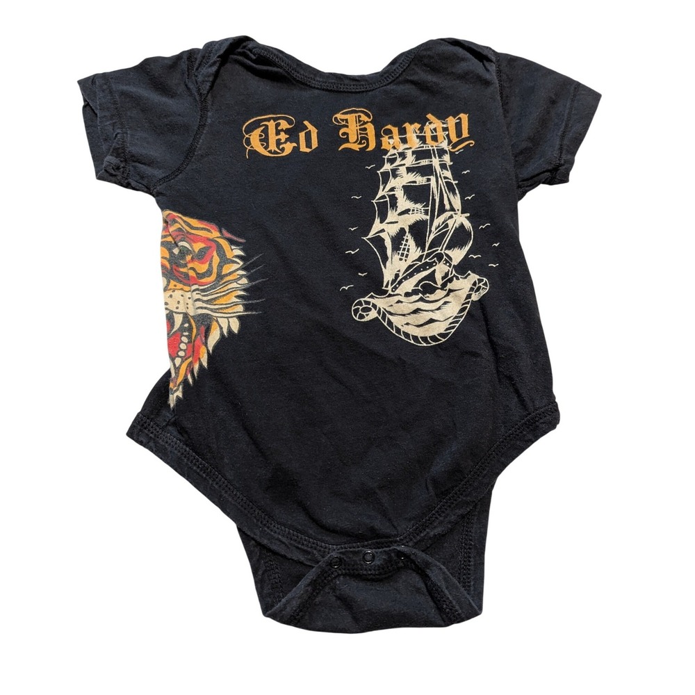 Ed Hardy Bodysuit Baby Toddler 18-24M Black Tiger Ship Tattoo Print Vintage Y2K